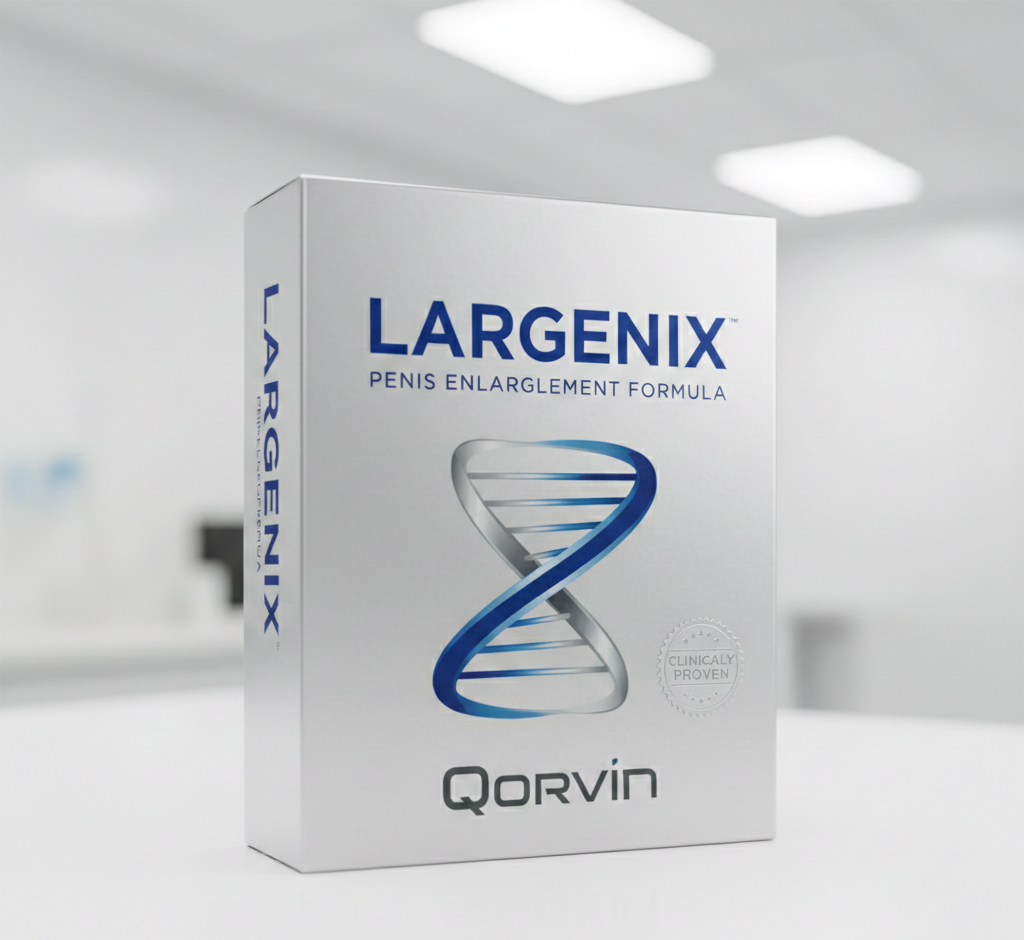 laxirudo Largenix prémium férfi étrend-kiegészítő elegáns fekete-ezüst csomagolásban, természetes növényi kivonatok szimbólumaival, professzionális stúdió megvilágításban, termékfotó stílusban